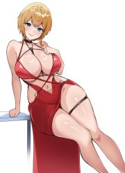 Rule 34 | 1girl, alternate breast size, alternate costume, blonde hair, blue eyes, breasts, choker, cleavage, clothing cutout, cosplay, curvy, dress, goddess of victory: nikke, highres, huge breasts, looking at viewer, maxwell (nikke), navel, navel cutout, red dress, red hood (nikke), red hood (nikke) (cosplay), red hood (nonsense red) (nikke), short hair, solo, strapless, strapless dress, thick thighs, thighs, white background, zeropen
