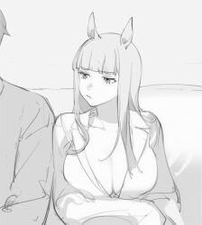 1boy 1girl animal_ears breasts cleavage collarbone disappointed gold_ship_(umamusume) greyscale highres horse_ears horse_girl kisaragi_shokuin large_breasts long_hair monochrome sitting sketch trainer_(umamusume) umamusume upper_body