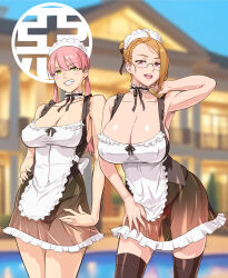 2girls apron armpits bare_shoulders black_dress black_panties black_ribbon black_thighhighs breasts brown_hair cleavage clenched_teeth collarbone cowboy_shot detached_collar dress ear_piercing earrings glasses hair_bun highres huge_breasts jewelry large_breasts long_hair looking_at_viewer low_twintails maid maid_apron maid_headdress multiple_girls neck_ribbon open_mouth original outdoors paid_reward_available panties piercing pink_hair pink_panties ribbon round_eyewear satou_shouji see-through_clothes see-through_dress stud_earrings teeth thighhighs twintails underwear upper_teeth_only yellow_eyes