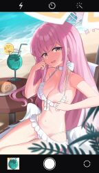 1girl absurdres angel_wings beach bikini bikini_top_pull blue_archive breasts cake commentary english_commentary fake_phone_screenshot fake_screenshot food frilled_bikini frills halo highres long_hair looking_at_viewer medium_breasts mika_(blue_archive) mika_(swimsuit)_(blue_archive) myuf navel nipples ocean official_alternate_costume outdoors pink_hair pulling_own_clothes sitting solo stomach swimsuit swiss_roll tropical_drink variant_set very_long_hair white_bikini wings yellow_eyes