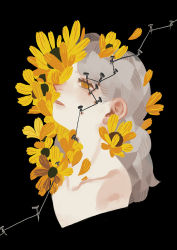 1girl black_background blooming collarbone flower grey_hair nail_(hardware) neetiska original parted_lips petals pointy_nose portrait string surreal torso yellow_eyes