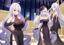 3girls ahoge aoi_tooru arknights bare_shoulders black_dress black_gloves breasts brown_gloves brown_hat champagne_flute cleavage closed_mouth commentary_request cup dress drink drinking_glass elbow_gloves english_text feet_out_of_frame gladiia_(arknights) gloves grey_hair hair_between_eyes hair_over_one_eye hand_up hat highres holding holding_cup indoors large_breasts long_hair multiple_girls off-shoulder_dress off_shoulder parted_lips railing red_eyes sideboob skadi_(arknights) smile specter_(arknights) specter_the_unchained_(arknights) stairs tilted_headwear very_long_hair watermark window