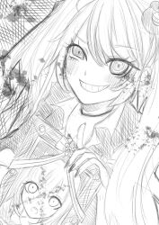 Rule 34 | 1girl, bear hair ornament, blush, choker, danganronpa: trigger happy havoc, danganronpa (series), enoshima junko, fingernails, grin, hair ornament, highres, iei, long hair, nail polish, nanami chiaki, sharp fingernails, shirt, shiruboru, smile, solo, teeth, twintails