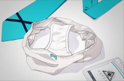 Rule 34 | akaino (akaomi), aqua bow, aqua necktie, blue archive, bow, bow panties, hoshino (blue archive), id card, necktie, no humans, panties, panties, panty focus, stained panties, underwear, unworn necktie, unworn panties, white background, white panties