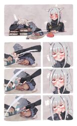 2girls absurdres animal_ears artist_self-insert biting blush book box cat_ears cat_girl claw_ring comic dark-skinned_female dark_skin dress facial_mark final_fantasy final_fantasy_xiv biting_finger fingerless_gloves fur-trimmed_dress fur_trim gloves grey_hair heart-shaped_box highres hjz_(artemi) holding holding_quill inkwell looking_at_another miqo&#039;te multiple_girls nervous_smile quill red_eyes short_hair sleeping smile tongue tongue_out warrior_of_light_(ff14) whisker_markings y&#039;shtola_rhul