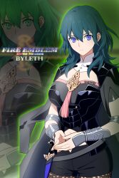 1girl armor black_armor black_coat black_shirt black_shorts blue_eyes blue_hair bodice breasts character_name closed_mouth clothing_cutout coat commentary_request copyright_name cowboy_shot crop_top d12-nelth dagger female_byleth_(enlightened)_(fire_emblem) female_byleth_(fire_emblem) fire_emblem fire_emblem:_three_houses green_background green_eyes green_hair green_outline hair_between_eyes highres knife long_hair looking_at_viewer medium_breasts navel navel_cutout nintendo official_alternate_hair_color outline own_hands_together pantyhose pantyhose_under_shorts patterned_legwear print_pantyhose sheath sheathed shirt short_shorts short_sleeves shorts sidelocks solo standing twitter_username vambraces weapon zoom_layer