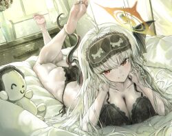 1girl ass barefoot black_bra black_panties blue_archive bra breasts cleavage frilled_panties frills haruna_(blue_archive) large_breasts lying on_stomach panties red_eyes sunnysideup the_pose underwear white_hair