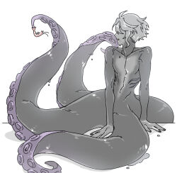 1boy animal azul_ashengrotto black_skin colored_skin commentary_request facing_to_the_side gills grey_hair male_focus monster_boy munmun0_0 octopus_boy short_hair shrimp simple_background tentacles twisted_wonderland wet white_background