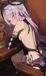 1girl absurdres armlet back bare_shoulders beer_mug black_leotard blue_eyes blue_skirt blush braid braided_sidelock breasts chair citlali_(genshin_impact) cup detached_sleeves facial_mark feather_hair_ornament feathers genshin_impact gradient_hair hair_ornament highres jewelry leotard long_hair looking_at_viewer medium_breasts mug multicolored_hair parted_bangs pink_hair ring_hair_ornament sash sitting skirt solo syhan table thighs vision_(genshin_impact)