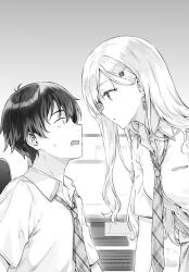 Rule 34 | 1boy, 1girl, asamura yuuta, ayase saki, brother and sister, brother and step-sister, collared shirt, commentary request, computer keyboard, earrings, eye contact, floating earrings, from side, gimai seikatsu, greyscale, hair ornament, hairclip, highres, hiten (hitenkei), jewelry, long hair, looking at another, monitor, monochrome, necktie, novel illustration, official art, open mouth, parted lips, plaid clothes, plaid necktie, school uniform, second-party source, shirt, short hair, short sleeves, siblings, step-brother and step-sister, step-siblings, sweat, upper body