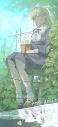 1girl absurdres bang_dream! bang_dream!_it&#039;s_mygo!!!!! blue_dress brh bug butterfly commentary_request crychic_(bang_dream!) different_reflection dress green_hair green_ribbon hair_ornament hairclip highres insect long_hair long_sleeves nagasaki_soyo neck_ribbon outdoors plant potted_plant reflection ribbon school_uniform shiina_taki sitting socks solo_focus takamatsu_tomori togawa_sakiko translation_request tsukinomori_school_uniform wakaba_mutsumi white_socks yellow_eyes