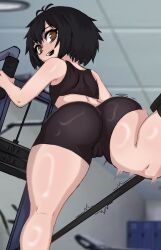 1girl ass back bare_shoulders bike_shorts black_hair black_shorts black_sports_bra brown_eyes cameltoe chasa1990 eyelashes feet_out_of_frame female_focus from_above from_behind huge_ass kyojiri_loli loli looking_at_viewer looking_back looking_down marvel midriff open_mouth peni_parker running short_hair shorts smile solo spider-man_(series) spider-verse sports_bra standing teeth upper_teeth_only