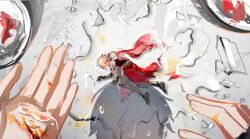 Rule 34 | 2boys, arm tattoo, armlet, armor, armored boots, blonde hair, blood, blood on hands, boots, broken glass, cape, chinese commentary, clawed gauntlets, commentary request, fishbowl, glass, gradient hair, highres, honkai: star rail, honkai (series), injury, jewelry, male focus, multicolored hair, multiple boys, mydei (honkai: star rail), pauldrons, phainon (honkai: star rail), pov, pov hands, red cape, red hair, red tattoo, shoulder armor, single pauldron, suirandanshihao, tattoo, waist cape, yellow blood