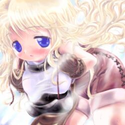 1girl 2000s_(style) badbullet blonde_hair blue_background blue_eyes blush brown_gloves brown_shorts chest_guard cowboy_shot gloves leaning_forward long_hair looking_at_viewer lowres novice_(ragnarok_online) open_mouth ragnarok_online shirt shorts sleeveless sleeveless_shirt solo very_long_hair white_shirt