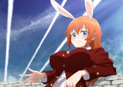 Rule 34 | 1girl, absurdres, animal ears, blue eyes, blush, breasts, charlotte e. yeager, closed mouth, highres, jacket, kumi cure, large breasts, long hair, looking at viewer, orange hair, outdoors, rabbit ears, rabbit girl, red jacket, sky, smile, solo, strike witches, upper body, w, world witches series