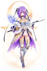 1girl aran_(sennen_sensou_aigis) artist_request bad_source bare_shoulders breasts cleavage detached_sleeves four-pointed_star full_body game_cg hair_ornament holding holding_sword holding_weapon knee_armor medium_breasts metal_gloves official_art panties purple_hair red_eyes see-through_clothes see-through_skirt sennen_sensou_aigis short_hair skirt solo sword thighs third-party_source transparent_background underwear weapon white_panties