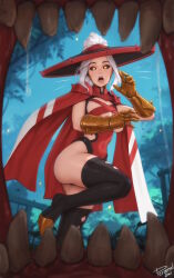 1girl :o artist_name ass black_sclera black_thighhighs breasts cape colored_sclera commentary english_commentary gauntlets hat high_ponytail highres inayah inayah_life_after_gods large_breasts long_hair looking_at_viewer personal_ami ponytail pov_inside_mouth red_cape saliva sidelocks signature solo spiked_pauldrons teeth thighhighs white_hair wide_brim yellow_eyes