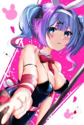 1girl absurdres animal_ear_hairband animal_ears bare_shoulders black_leotard black_pantyhose blue_eyes blue_hair blush bow bowtie breasts cleavage detached_collar facial_tattoo fake_animal_ears fishnet_pantyhose fishnets hairband hatsune_miku highres large_breasts leotard long_hair looking_at_viewer nekon0908 open_mouth pantyhose rabbit_ear_hairband rabbit_ears rabbit_hole_(vocaloid) red_bow red_bowtie short_twintails sidelocks solo tattoo teardrop_tattoo twintails v vocaloid white_hairband