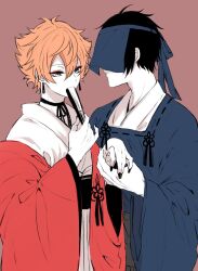 2boys ace_trappola alternate_costume black_hair black_nails blue_eyes brown_background commentary_request covered_eyes covered_mouth deuce_spade double-parted_bangs earrings eyeliner folding_fan hair_behind_ear hair_between_eyes hand_fan highres holding holding_fan holding_hands japanese_clothes jewelry kimono long_sleeves looking_down makeup male_focus mofu_twst multiple_boys nail_polish neck_ribbon orange_hair piercing red_eyeliner ribbon short_hair simple_background standing tassel tassel_earrings twisted_wonderland white_kimono white_ribbon wide_sleeves