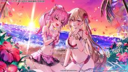 Rule 34 | 2girls, :d, arm garter, armlet, assault lily, bare arms, bare shoulders, beach, beach towel, bikini, bikini skirt, black bikini, blonde hair, blush, bracelet, breasts, bush, cleavage, commentary request, copyright notice, criss-cross halter, cross-laced bikini, cross-laced clothes, dutch angle, endou araya, evening, fang, fingernails, flower, frilled bikini, frills, gradient sky, hair between eyes, hair flower, hair ornament, hair ribbon, hairpods, halterneck, hand on own cheek, hand on own face, hand to own mouth, heart, heart necklace, hibiscus, high ponytail, horizon, jewelry, layered bikini, long hair, looking at viewer, medium breasts, multi-strapped bikini bottom, multicolored bikini, multiple girls, nail polish, navel, necklace, ocean, official alternate costume, official alternate hairstyle, official art, okada kisara, on ground, open mouth, orange sky, palm tree, panty straps, parted lips, pink bikini, pink eyes, pink hair, ponytail, purple sky, red bikini, red eyes, red flower, red nails, red ribbon, red rose, ribbon, ring, rose, shoulder tattoo, side-tie bikini bottom, sitting, sky, smile, sparkle, stomach, sun, sunset, swimsuit, tattoo, thigh strap, towel, tree, two-tone bikini, umeno shii, very long hair, white bikini, white ribbon, wrist cuffs, yokozuwari
