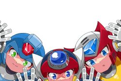 Rule 34 | 3boys, android, axl (mega man), blue eyes, blue helmet, cross scar, forehead jewel, green eyes, helmet, highres, liuliussl, looking at viewer, male focus, mega man (series), mega man x (series), multiple boys, red helmet, scar, scar on face, simple background, upper body, white background, x (mega man), zero (mega man)