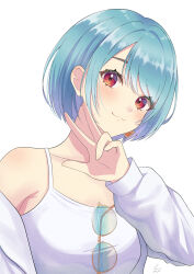 1girl absurdres blue_hair blush closed_mouth glasses highres inumugi jacket looking_at_viewer open_clothes open_jacket orange_eyes shiranami_ramune signature simple_background solo spaghetti_strap unworn_eyewear virtual_youtuber vspo! w white_background