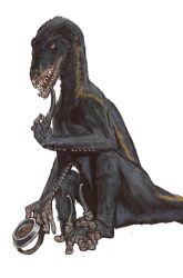 Rule 34 | absurdres, bowl, claws, feathered dinosaur, highres, indoraptor, jurassic world: fallen kingdom, mossacannibalis, mutation, no humans, pet bowl, prehistoric animal, raptor, sharp teeth, sitting, teeth, white background, yellow eyes