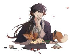 Rule 34 | 1boy, aji 11300913, black robe, brown eyes, commentary request, falling petals, flower, fox, genshin impact, hair between eyes, highres, holding, long hair, looking to the side, male focus, necktie, petals, pink petals, plum blossoms, purple eyes, robe, shirt, simple background, solo, tassel, twitter username, upper body, white background, white necktie, white shirt, zhongli (genshin impact)