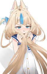 1girl ahoge animal_ears blue_bow blue_eyes blue_hair bow cat_ears commentary dress hair_bow highres indie_virtual_youtuber long_hair malvar multicolored_hair one_side_up puffy_cheeks sameko_saba sleeveless sleeveless_dress solo streaked_hair symbol-only_commentary very_long_hair virtual_youtuber white_dress