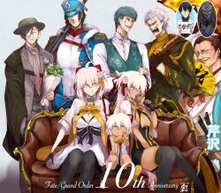 Rule 34 | 3girls, 6+boys, ahoge, aiguillette, anger vein, armor, axe, belt ribbon, black dress, black eyes, black gloves, black hair, black ribbon, black shirt, black thighhighs, blonde hair, blue coat, blue haori, blue hat, blue pants, bouquet, bow, bowtie, breast pocket, breasts, brown hair, chin strap, chonmage, cleavage cutout, closed mouth, clothing cutout, coat, collar, collared shirt, couch, crossed arms, dark-skinned female, dark skin, dress, eating, epaulettes, fate/grand order, fate (series), fingerless gloves, flower, folding fan, food, fur-trimmed coat, fur trim, furrowed brow, gloves, green hair, green jacket, green vest, grey eyes, grey jacket, grey necktie, grey shirt, group picture, gun, hair between eyes, hair bow, hair flower, hair knot, hair ornament, hair ribbon, hair slicked back, hakusi noto, hand fan, haori, hat, hattori takeo (fate), helmet, hijikata toshizou (fate), hijikata toshizou (fgo fes. 2025) (fate), holding, holding axe, holding bouquet, holding fan, holding whiteboard, huge weapon, itou kashitarou (fate), jacket, japanese armor, japanese clothes, jewelry, jitome, katana, kimono, large breasts, light smile, long hair, low ponytail, magatama, magatama necklace, mask, mature male, monocle, multiple boys, multiple girls, nagakura shinpachi (fate), nagakura shinpachi (fgo fes. 2025) (fate), necklace, necktie, oden, okita souji (fate), okita souji (fgo fes. 2025) (fate), okita souji alter (fate), open mouth, over shoulder, pants, pantyhose, pocket, ponytail, red bow, red collar, red ribbon, rengoku (fate), ribbon, saitou hajime (fate), saitou hajime (fgo fes. 2025) (fate), serizawa kamo (fate), shako cap, sheath, sheathed, shinsengumi (fate), shirt, short dress, short hair, short sleeves, shrug (clothing), side cape, sitting, standing, sweatdrop, sweater, sword, sword on back, thighhighs, topknot, v, v-shaped eyebrows, vest, waistcoat, weapon, weapon on back, weapon over shoulder, white coat, white dress, white kimono, white shirt, white shrug, yamanami keisuke (fate), yamanami keisuke (fgo fes. 2025) (fate), yellow bow, yellow bowtie, yellow sweater, yellow trim