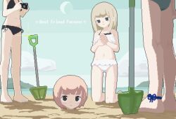 4girls animated animated_gif ankle_ribbon barefoot beach bikini black_bikini black_eyes blinking blonde_hair blue_eyes blue_nails camera cloud day english_text highres holding holding_camera kneeling leg_ribbon looking_at_viewer looping_animation moon multiple_girls ocean original outdoors partially_buried peco-pech pixel_art ribbon sand short_hair shovel sky swimsuit talking water white_bikini