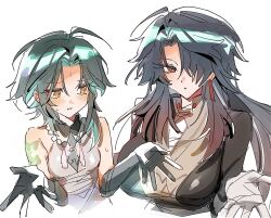 2girls ahoge black_hair blade_(honkai:_star_rail) breasts earrings facial_mark forehead_mark genderswap genderswap_(mtf) genshin_impact green_hair hair_over_one_eye highres honkai:_star_rail honkai_(series) jewelry large_breasts long_hair mimlmi multicolored_hair multiple_girls one_eye_covered red_eyes red_hair short_hair small_breasts tassel tassel_earrings white_background xiao_(genshin_impact) yellow_eyes