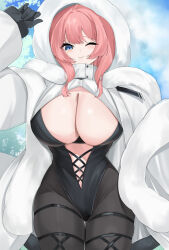 1girl absurdres azur_lane black_gloves blue_hair blush breasts center_opening coat fur-trimmed_coat fur_trim gloves groin highres huge_breasts kazan_(azur_lane) looking_at_viewer navel niwashioekaki one_eye_closed outdoors pink_hair sky smile solo stomach white_coat winter_clothes winter_coat