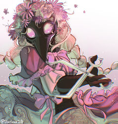 1girl artist_name blonde_hair bow braid breasts commentary dress english_commentary facing_viewer floating_hair flower gradient_background head_tilt head_wreath highres holding holding_scissors original pink_bow plague_doctor_mask purple_background purple_flower scissors small_breasts solo starlava twin_braids white_background white_dress
