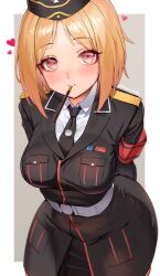Rule 34 | 1girl, armband, arms behind back, artist name, award ribbon, black jacket, black necktie, black skirt, blonde hair, blush, border, breasts, brown eyes, food, food in mouth, garrison cap, girls&#039; frontline, hat, heart, highres, jacket, large breasts, looking at viewer, medium hair, mp40 (girls&#039; frontline), necktie, pocky, pocky in mouth, red armband, shirt, skirt, solo, toryu fufu, white border, white shirt