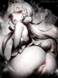 1girl alice_thymefield animal_ears anus artist_name ass blur_censor braid censored character_name chinese_commentary commentary_request from_behind greyscale highres kupa_(jesterwii) long_hair looking_back low_twintails monochrome open_mouth orange_eyes paid_reward_available pussy rabbit_ears rabbit_girl rabbit_tail revision solo spot_color tail teeth twintails upper_teeth_only zenless_zone_zero