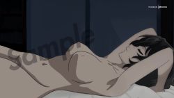 1girl animated anime_screenshot armpits arms_behind_head asai_akira black_hair bouncing_breasts breasts casual_nudity closed_eyes completely_nude highres kevcrexx large_breasts lying navel nipples nude nude_filter on_back on_bed pussy sample_watermark short_hair sideboob small_nipples sound stomach thighs third-party_edit video watermark yofukashi_no_uta