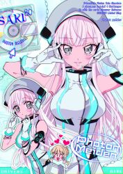 2girls :o aqua_eyes armpits bare_shoulders blonde_hair blunt_bangs blush breasts cd cd_case chain closed_eyes copyright_name cursor d4dj dress english_text fukushima_noa gloves hat headphones headset heart highres himitsu_(iemaki) izumo_saki looking_at_viewer medium_breasts multiple_girls neon_trim open_mouth pink_hair sleeveless sleeveless_dress thumbs_up white_gloves