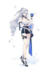 Rule 34 | 1girl, absurdres, alternate costume, anklet, bare shoulders, black gloves, black hairband, black ribbon, black shorts, breasts, bronya zaychik, button gap, commentary request, crop top, full body, gloves, grey hair, hair between eyes, hair ornament, hair ribbon, hairband, hand up, high-waist shorts, highres, holding, honkai (series), honkai impact 3rd, jewelry, large breasts, long hair, looking at viewer, midriff, pmg, ribbon, shirt, shoes, shorts, simple background, single glove, single thighhigh, solo, thighhighs, thighs, torn clothes, torn thighhighs, white background, white shirt, white shoes, white thighhighs