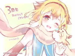 1girl ;d absurdres anniversary bird blonde_hair commentary_request copyright_notice double-parted_bangs floating_scarf hair_between_eyes hairband highres looking_at_viewer mikan_ame_(gumi) minerva_(phantom_of_the_kill) monocle official_art one_eye_closed open_mouth owl phantom_of_the_kill scarf second-party_source simple_background sleeveless smile solo winged_hairband yellow_background