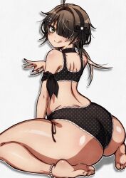 1girl ass bikini bow bracelet brown_hair feet green_eyes huge_ass jewelry naoillus original piercing rinni_(naoillus) smile solo swimsuit tagme tongue tongue_out tongue_piercing