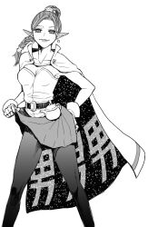 1girl akitaka_(s_asai) belt braid braided_ponytail breasts cape chrono_trigger cleavage collarbone earrings flea_(chrono_trigger) gloves greyscale high_braided_ponytail jewelry lips long_hair looking_at_viewer monochrome pantyhose pointy_ears simple_background single_braid skirt smile solo white_background