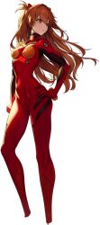 1girl blue_eyes bodysuit breasts brown_hair crossover curvy floating_hair goddess_of_victory:_nikke bad_tag hand_on_own_hip interface_headset_(evangelion) jam_(nandade) mecha_pilot_suit neon_genesis_evangelion official_art plugsuit_(evangelion) red_bodysuit shiny_clothes short_hair skin_tight solo source_request souryuu_asuka_langley standing third-party_edit wide_hips