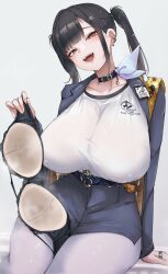 1girl absurdres black_bra black_hair blue_skirt blue_suit blush bra breasts choker collarbone covered_erect_nipples formal_clothes goddess_of_victory:_nikke highres holding holding_bra holding_underwear holding_unworn_clothes huge_breasts jewelry large_breasts long_hair multiple_rings open_mouth pantyhose presenting_bra red_eyes removing_bra_under_shirt ring ryuu. shirt sidelocks sitting skirt smile solo sora_(nikke) steaming_clothes suit thick_thighs thighs twintails underwear unworn_bra white_pantyhose white_shirt wide_hips