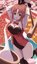 1girl :d abe_nana absurdres animal_ears arms_behind_head black_leotard black_thighhighs bow breasts brown_eyes brown_hair devastator_(phantasm_world_4) egasumi falling_petals flower food hair_bow hairband highres holding holding_mallet idolmaster idolmaster_cinderella_girls idolmaster_cinderella_girls_starlight_stage jacket kine leotard long_hair looking_at_viewer mallet medium_breasts mochi mochitsuki mount_fuji open_mouth partially_unbuttoned petals playboy_bunny plum_blossoms ponytail rabbit rabbit_ears red_jacket red_ribbon ribbon smile solo standing standing_on_one_leg thighhighs