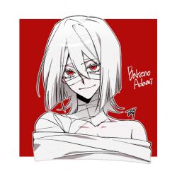 Rule 34 | 1girl, bandaged head, bandaged neck, bandages, bbabbamis2, borrowed character, colored eyelashes, commentary request, dress, heroine (homicipher), homicipher, korean commentary, looking at viewer, red background, red eyes, simple background, upper body, white dress, white hair