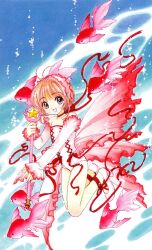 1990s_(style) 1girl ankle_ribbon antenna_hair bare_legs blue_background bubble cardcaptor_sakura choker clamp_(circle) detached_sleeves dot_nose full_body green_eyes hair_intakes highres holding holding_wand hoshi_no_tsue kinomoto_sakura koi leg_ribbon leotard looking_at_viewer official_alternate_costume official_art orange_hair red_choker red_ribbon retro_artstyle ribbon ribbon_choker shoes short_hair smile solo wand white_leotard white_shoes white_sleeves
