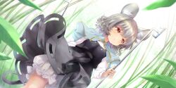 1girl animal_ear_fluff animal_ears artist_request black_skirt black_vest bloomers blue_capelet blush breasts capelet clothes_lift commentary dowsing_rod english_commentary game_cg grey_hair highres holding jewelry long_sleeves medium_hair mouse_ears mouse_girl mouse_tail nazrin official_art outdoors pendant red_eyes skirt skirt_lift solo tail third-party_source touhou touhou_lostword underwear vest white_bloomers wind wind_lift