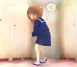 Rule 34 | 1girl, 22m, bathroom, between legs, blue sailor collar, blue shirt, blue shoes, blue skirt, blush, brown eyes, brown hair, door, embarrassed, female focus, from side, full body, hand between legs, have to pee, heel up, highres, indoors, japanese text, long hair, long sleeves, matching hair/eyes, miniskirt, nose blush, open mouth, original, peeing, peeing self, pleated skirt, sailor collar, school uniform, serafuku, shirt, shoes, sideways mouth, skirt, socks, solo, speech bubble, standing, talking, tears, thought bubble, translation request, urine meter, wavy mouth, white socks, wide-eyed