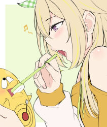 1girl absurdres bare_shoulders beamed_eighth_notes blonde_hair brushing_teeth clothing_cutout commentary_request drawstring green_background hand_up highres holding holding_toothbrush ieiri_popo light_brown_hair long_sleeves multicolored_hair musical_note nanashi_inc. open_mouth orange_shirt pink_nails plaid_ribbon puffy_long_sleeves puffy_sleeves purple_eyes ribbon shirt shoulder_cutout sleeves_past_wrists solo streaked_hair temari_rin toothbrush two-tone_background virtual_youtuber white_background